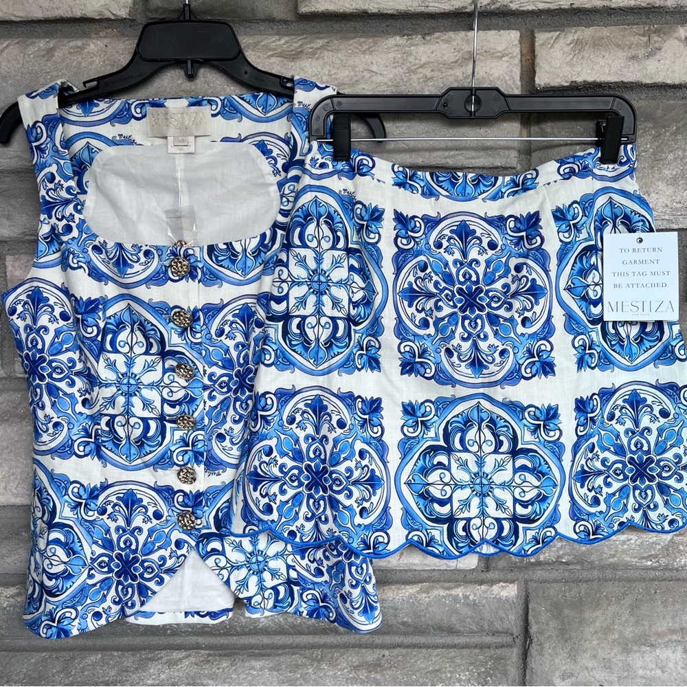 Mestiza Blue Tile-Print Linen Blend Tank Top & Skirt Set